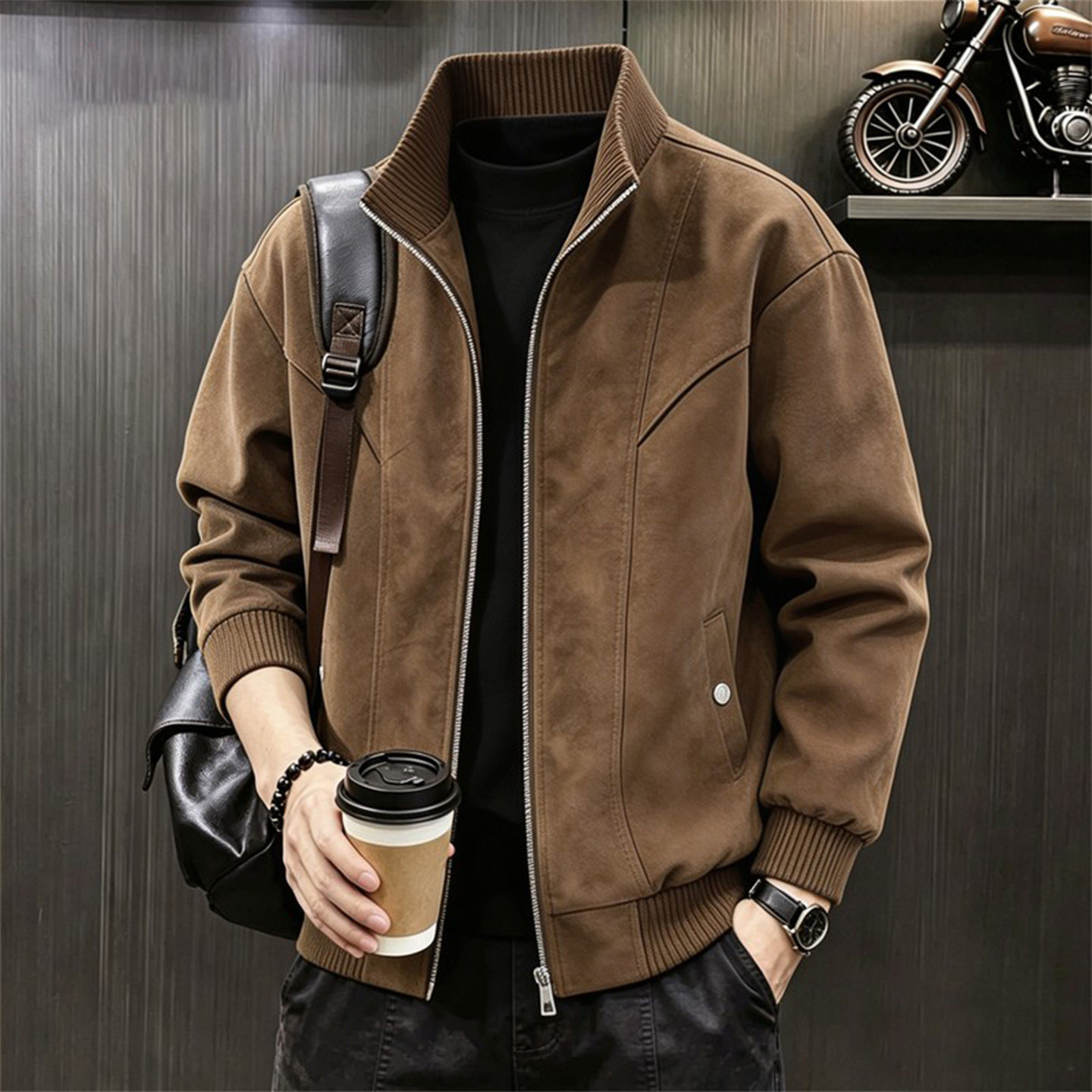 日系复古PU皮夹克男cleanfit短款解构外套秋季防风防水机车服上衣