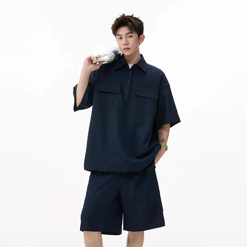 高级感夏天穿搭短袖POLO衫套装男潮牌口袋设计工装衬衫短裤两件套