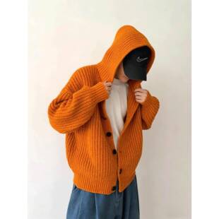 橘黄色韩系开衫粗线毛衣男松弛慵懒感连帽针织衫秋冬时尚线衣外套