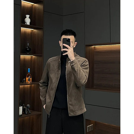 美拉德复古PU皮夹克男潮牌cleanfit短款修身皮衣冬季加绒加厚外套