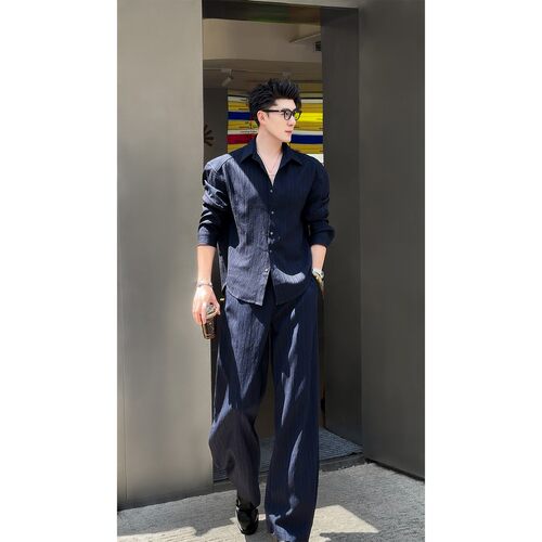 慵懒松弛肌理感设计长袖衬衫套装