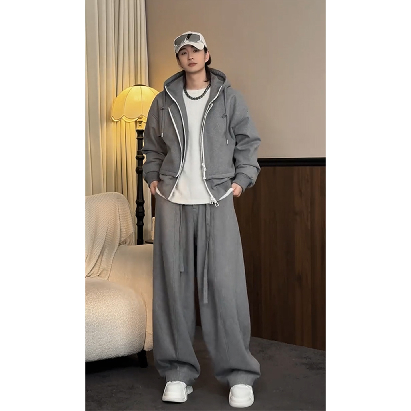 假两件设计连帽夹克棉服套装男