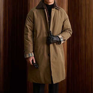 意式保暖白鸭绒中长款风衣羽绒服男高级感格纹拼接冬季防寒外套潮