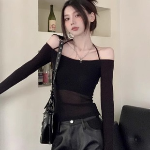 甜辣jazz上衣黑色网纱一字肩短款长袖t恤罩衫爵士舞穿搭衣服装女