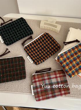 【YUU布包】秋冬复古文艺格纹零钱包迷你月事包口红耳机收纳布袋