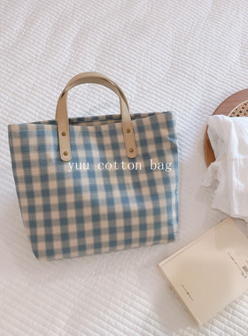 【YUU布包】文艺日韩风格子手提小包做旧风小方包女学生妈咪包厚