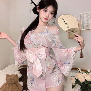 上川惠子~甜美蝴蝶结日式和服睡衣雪纺睡袍女性感风樱花浴衣睡裙