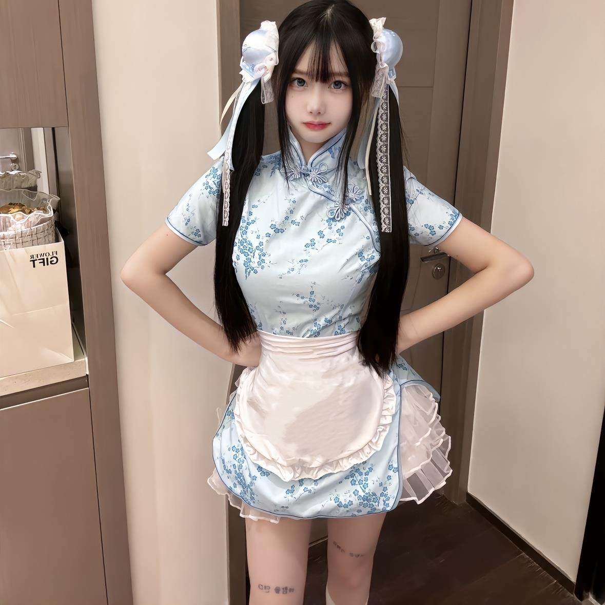 中华娘旗袍cos新中式改良甜美可爱小厨娘女仆连衣裙Lolita围裙套