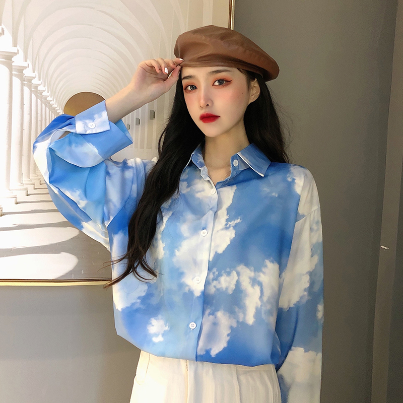 Real price trend tie dyed shirt Korean women's fashion loose foreign style Lapel long sleeve top