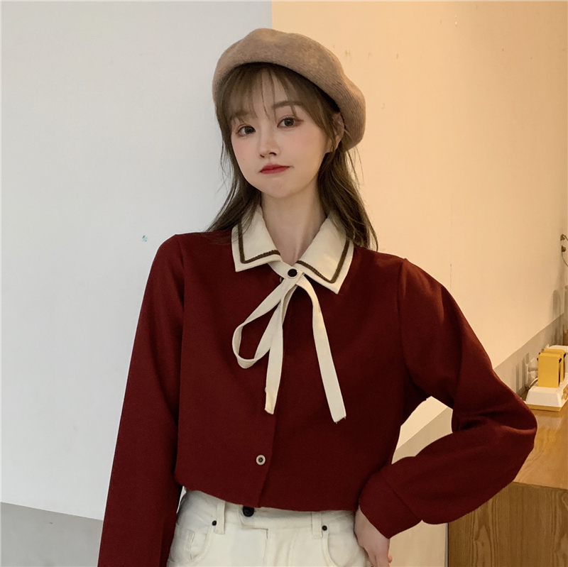 Real price foreign chic age reducing cardigan long sleeve women's personality BOW TIE LAPEL temperament shirt