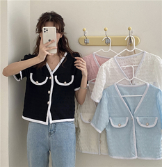 Real price French small fragrance shirt women's short retro floral short sleeve cardigan top