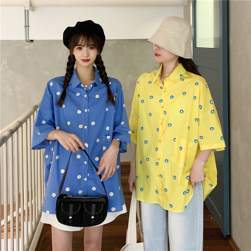 Real price summer chic casual floral shirt women's loose and slim Quarter Sleeve Shirt