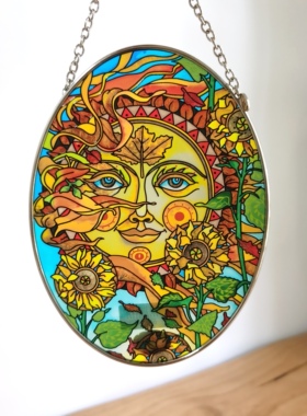 清仓 绿色太阳与向日葵美国AMIA彩绘玻璃挂件摆盘两用生日礼物