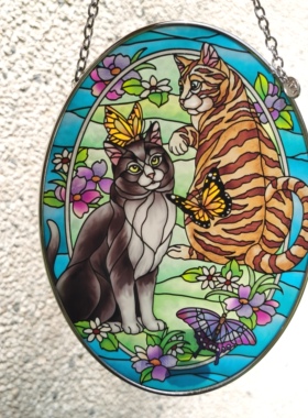 清仓 两只猫猫梦幻彩色玻璃挂牌立线彩绘复古华丽家居摆件送礼