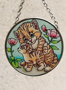 清仓！猫咪母子AMIA彩绘玻璃挂牌壁饰复古华丽家居摆件艺术收藏
