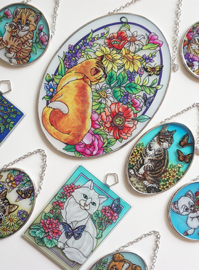 深海吧 特价 猫咪挂件壁饰美国amia手绘彩色玻璃家居装饰生日礼物