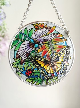 孤品！蜻蜓蝴蝶彩色玻璃挂件复古精致 美国amia原装盒 生日礼物