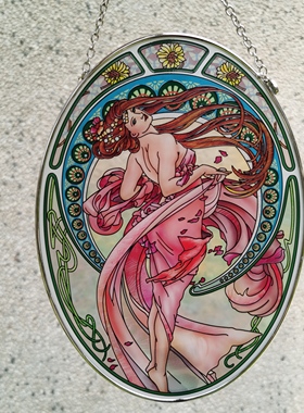 绝美！穆夏Mucha舞蹈美人彩绘玻璃挂画外贸原单中古艺术收藏送礼