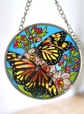 深海吧 特价！两只蝴蝶美国amia彩绘玻璃壁挂捕光器礼盒生日礼物