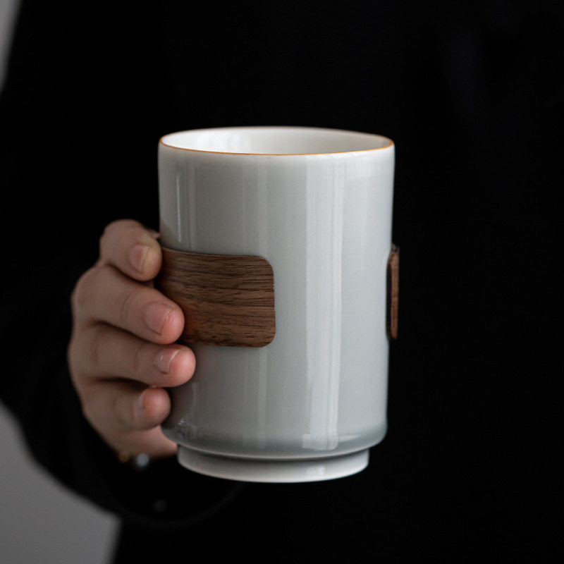 竹木扣腰水杯日式简约冰灰烟灰釉陶瓷茶杯大号主人杯个人单杯