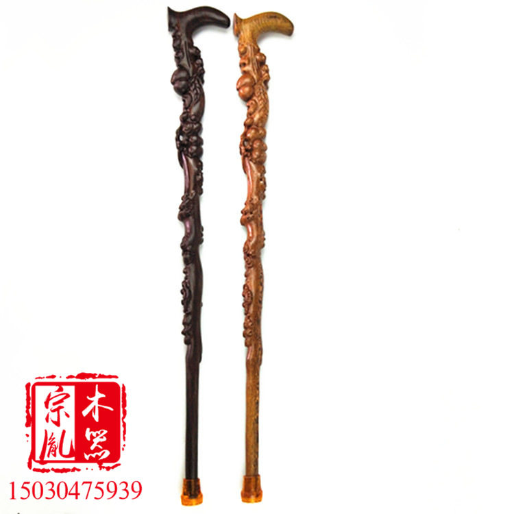 桃木拐杖黑檀木雕刻拐杖老人桃木祝寿一体杖鸡翅木工艺