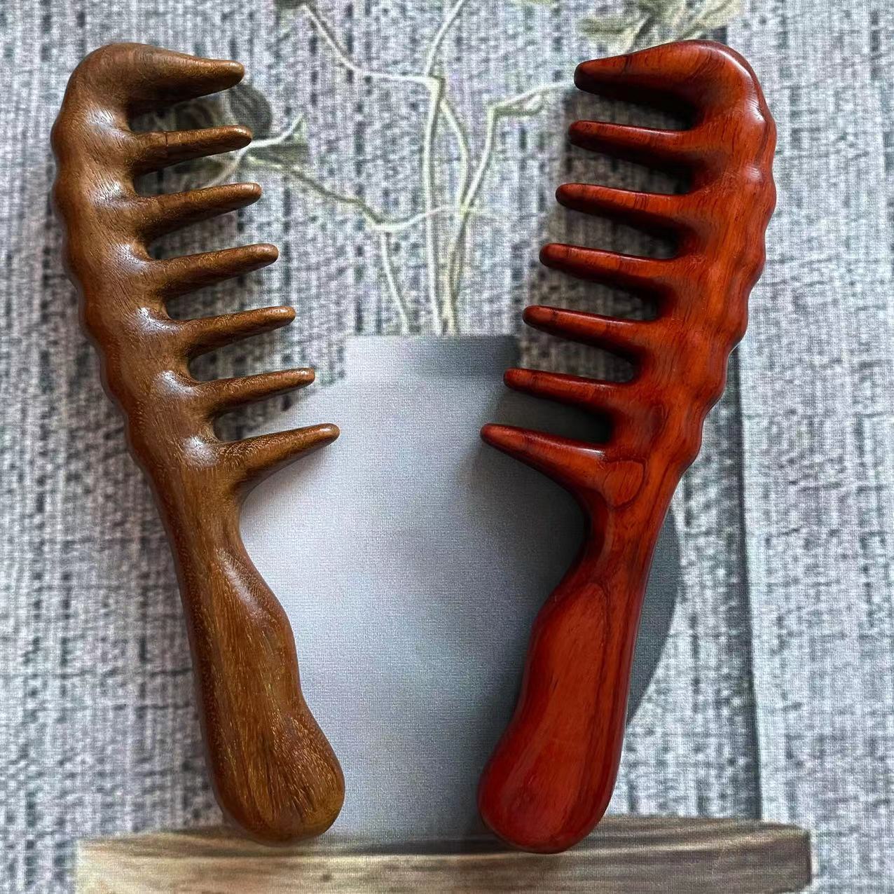 紫檀木梳子按梳子头部经络梳原木整块把手梳按檀木大齿梳