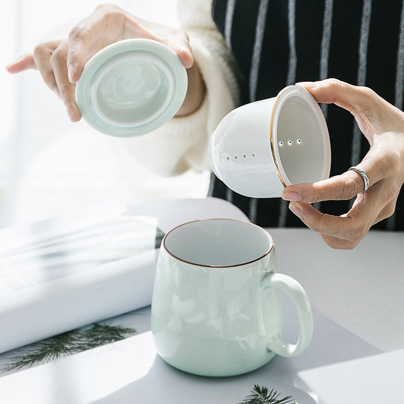 集茶水分离杯陶瓷泡茶杯带盖过滤水杯陶瓷杯子办公杯马克杯
