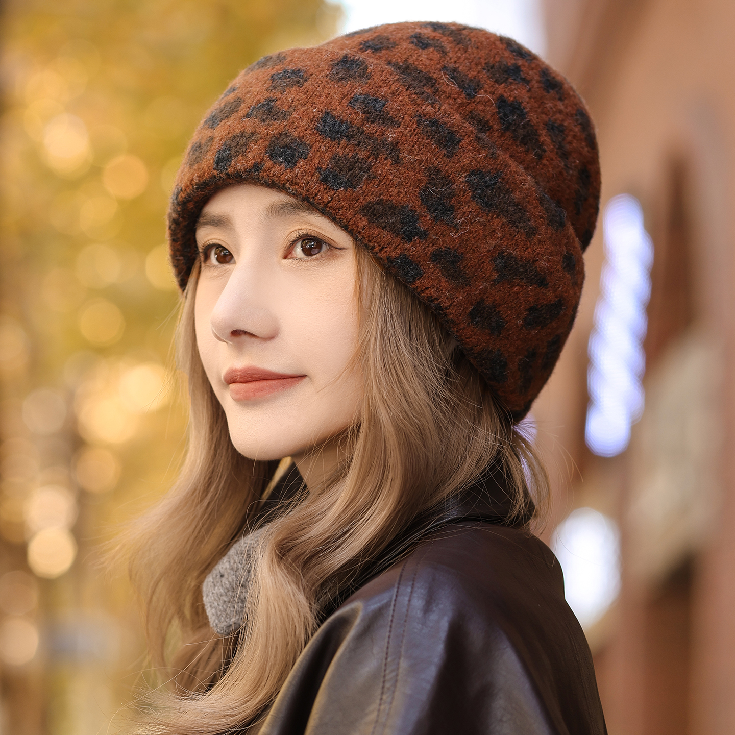 毛线帽女款冬季保暖豹纹针织帽2025新款休闲显脸小堆堆帽大头冷帽