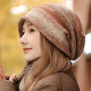 冬季保暖女款毛线帽大头围显脸小洋气针织冷帽2025新款时尚堆堆帽