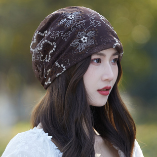 帽子女士春夏季薄款妈妈包头帽镂空堆堆帽蕾丝遮白发帽洋气套头帽