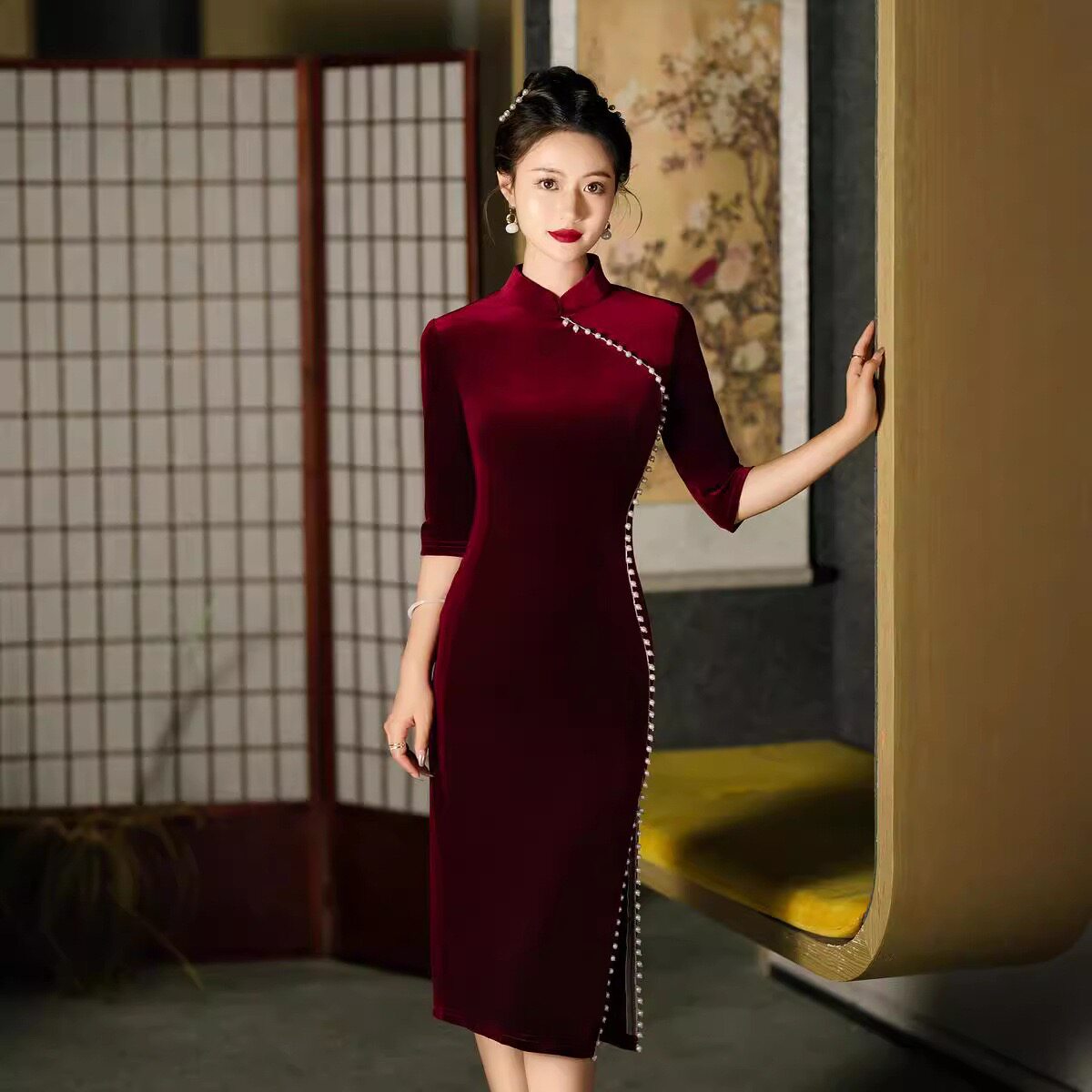 性感装中袖大码丝绒优雅修身显瘦日常旗袍裙新款喜婆婆敬酒服