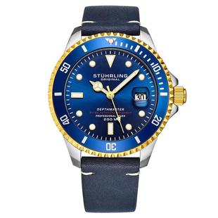 Aquadiver美国代购 施图灵Stuhrling 手表男皮革表带蓝色表盘腕
