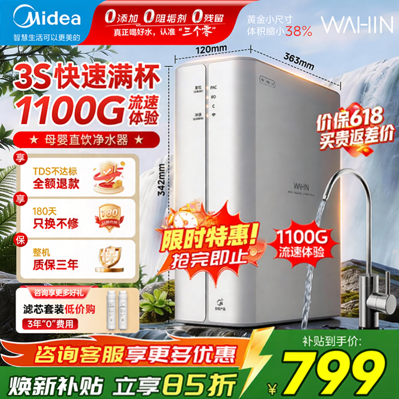 美的华凌净水器家用直饮1100G流速厨房RO反渗透新款十大官方正品