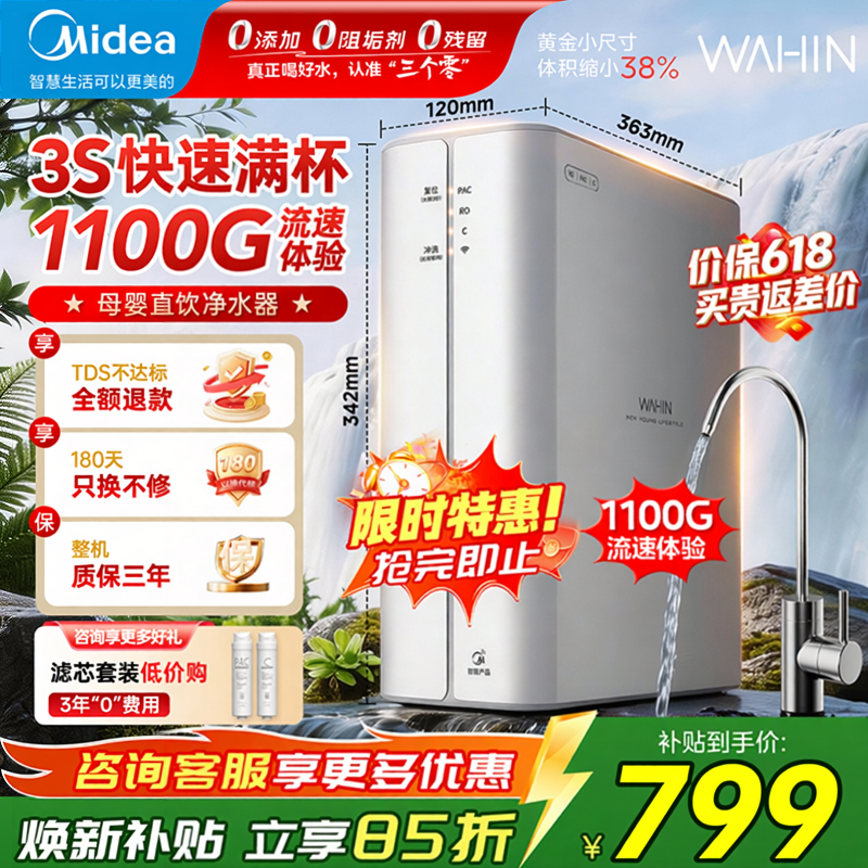 美的华凌净水器家用直饮1100G流速厨房RO反渗透新款十大官方正品