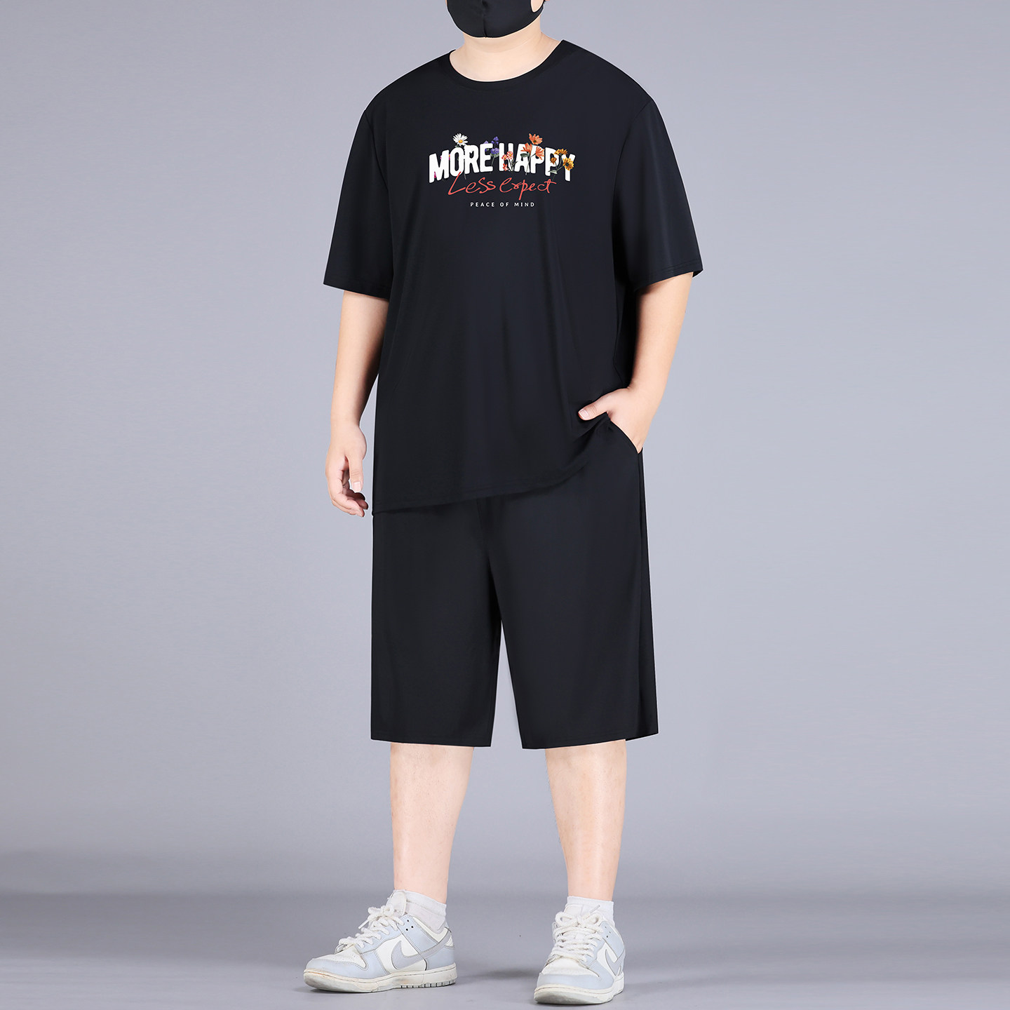 大码字母印花冰丝套装男夏季薄款凉感短袖t恤加肥加大短裤两件套
