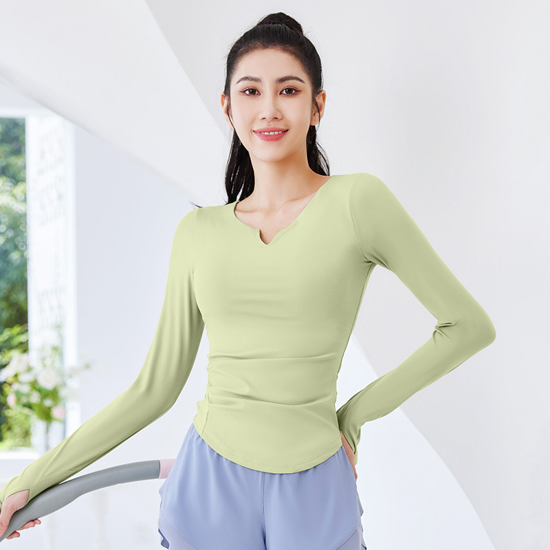 秋季新款跑步运动健身透气速干紧身女纯色V领套头长袖瑜伽上衣