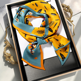 绿色油画风小长条丝巾女系脖高级感双层双色细窄长条围巾配大衣