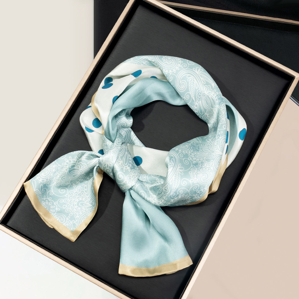 清雅蓝色花朵桑蚕丝丝巾春秋时尚百搭双层真丝小长条丝巾领巾飘带