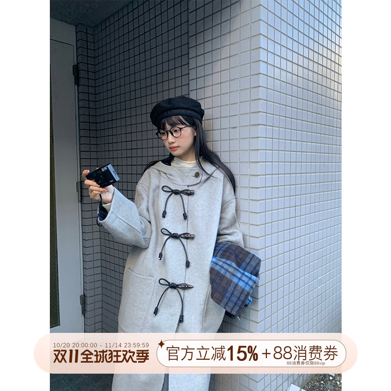 霍里德地图 复古日系格纹双面呢羊毛大衣女蝴蝶结牛角扣正反两穿