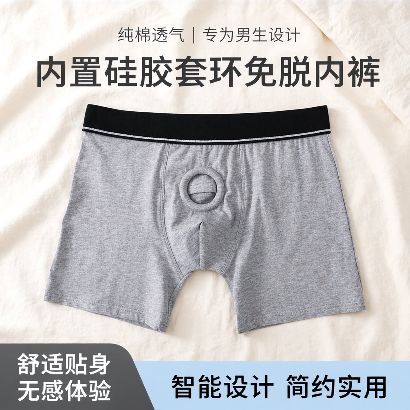 纯棉内裤男士加长平角裤内置硅胶套环免脱带洞分离式男生1号短裤
