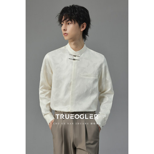 新中式立领长袖衬衫男国风提花