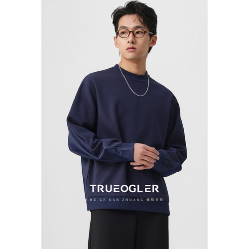 TR牛仔卫衣男宽松落肩拼接