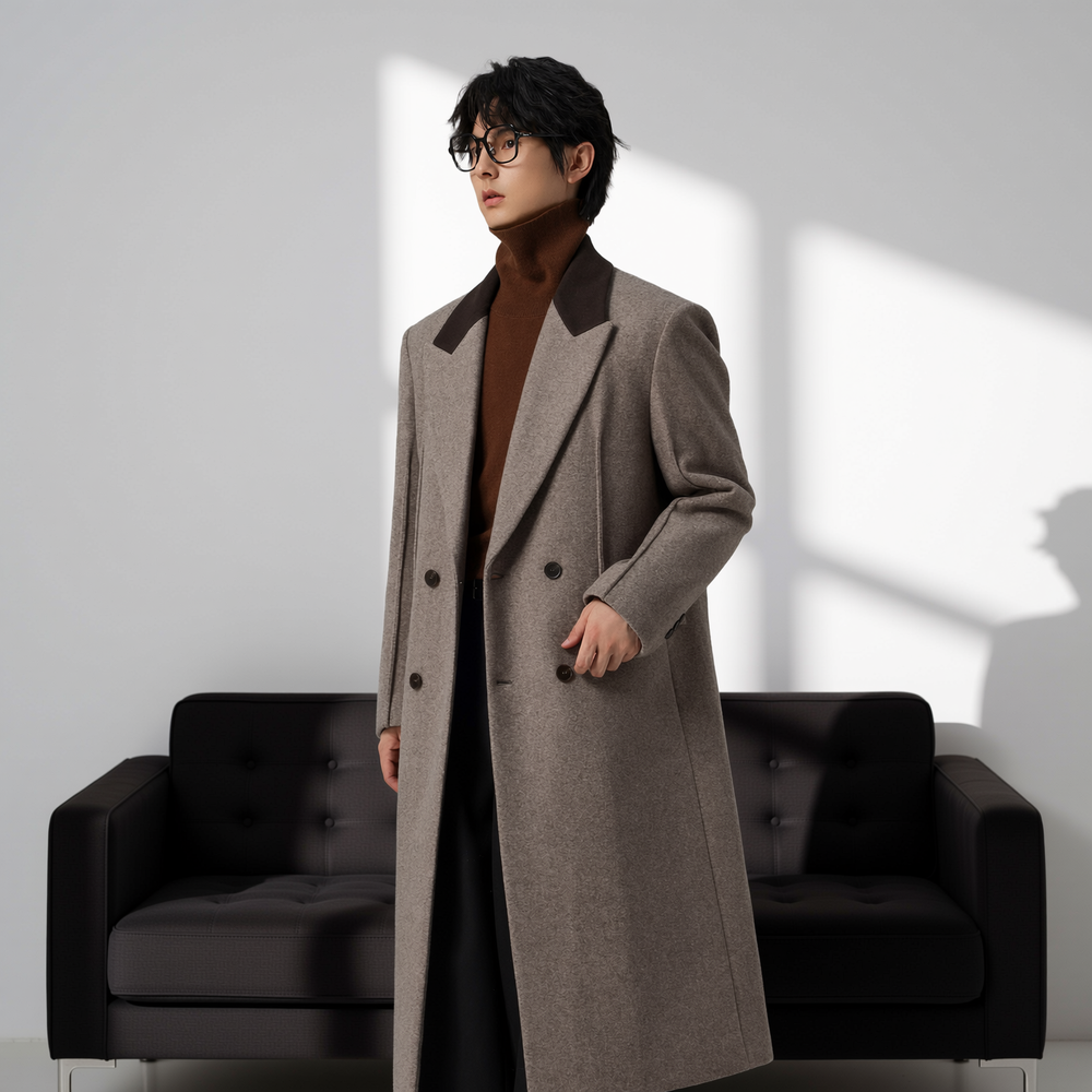 拼接毛呢大衣男中长款过膝厚夹棉
