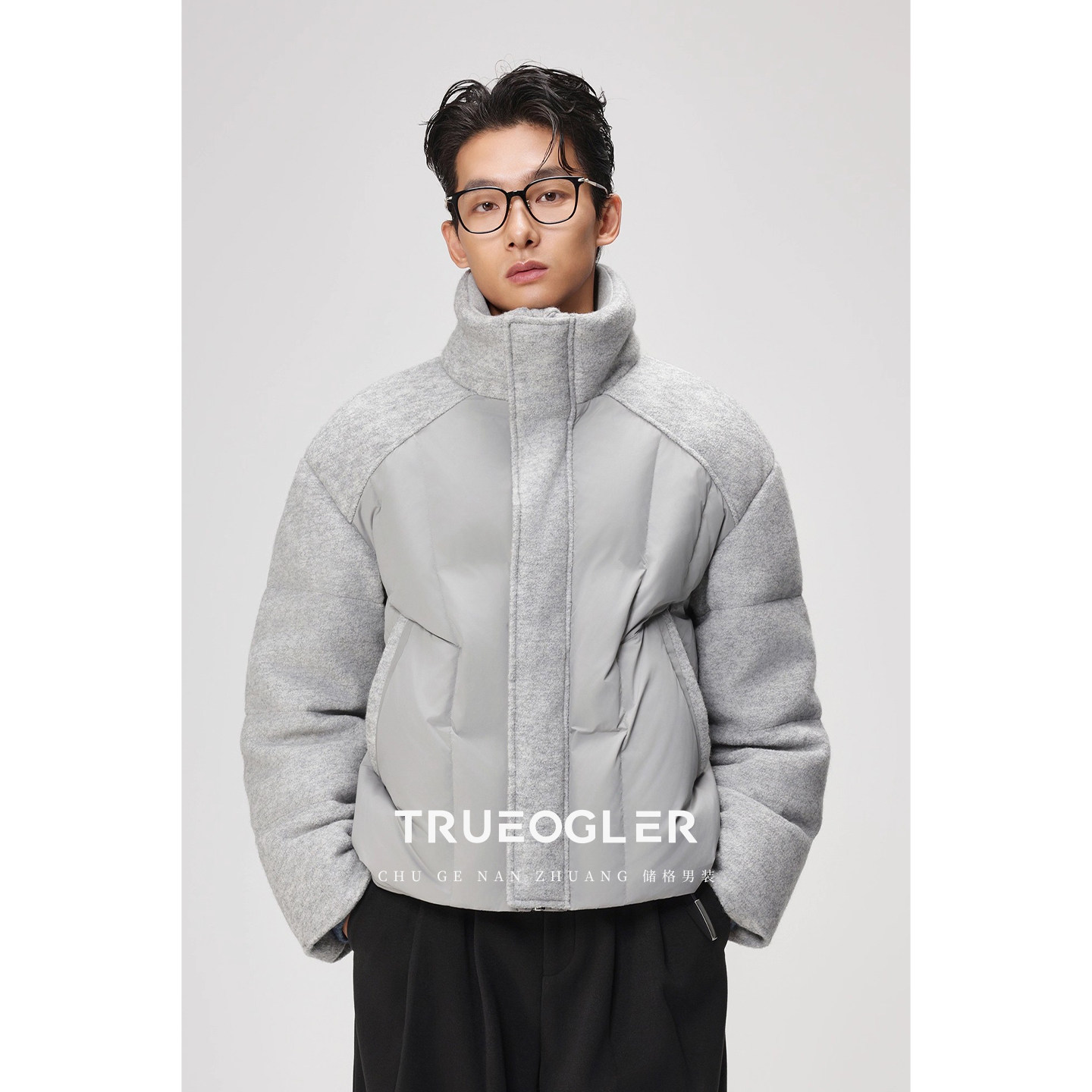 【储格】混纺羊毛呢拼接羽绒服男短款外套90白鸭绒加厚面包服冬季