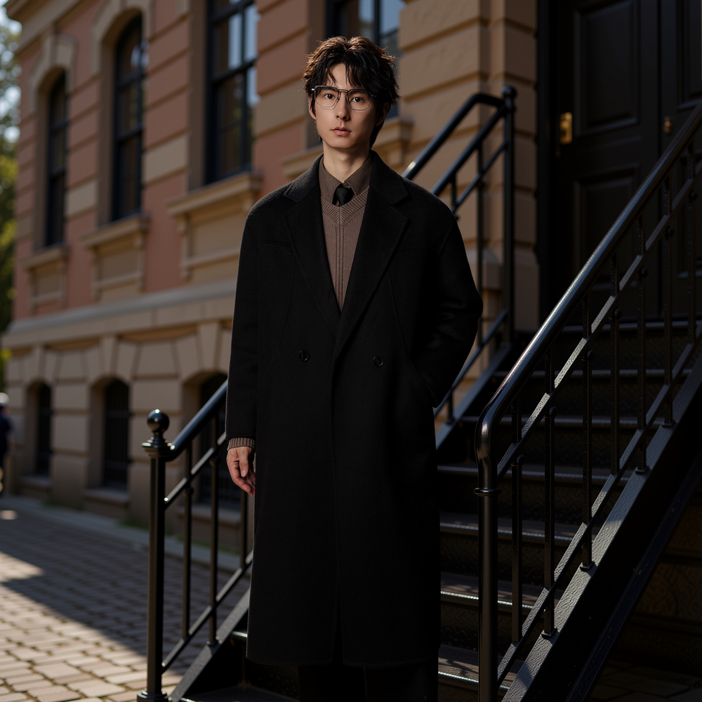 复古老钱风双面呢子大衣男