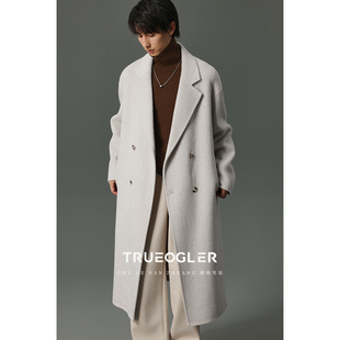 过膝无羊绒米白色加厚风衣 双面呢子羊毛大衣外套男长款 储格