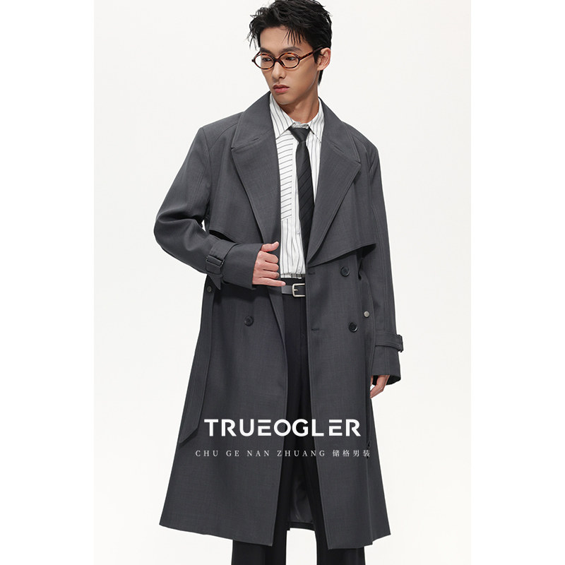 【储格】挺阔细斜纹风衣男长款过膝2025春季新款收腰活页设计外套,男装,风衣,淘宝优惠券,粉丝福利购,淘宝优惠卷