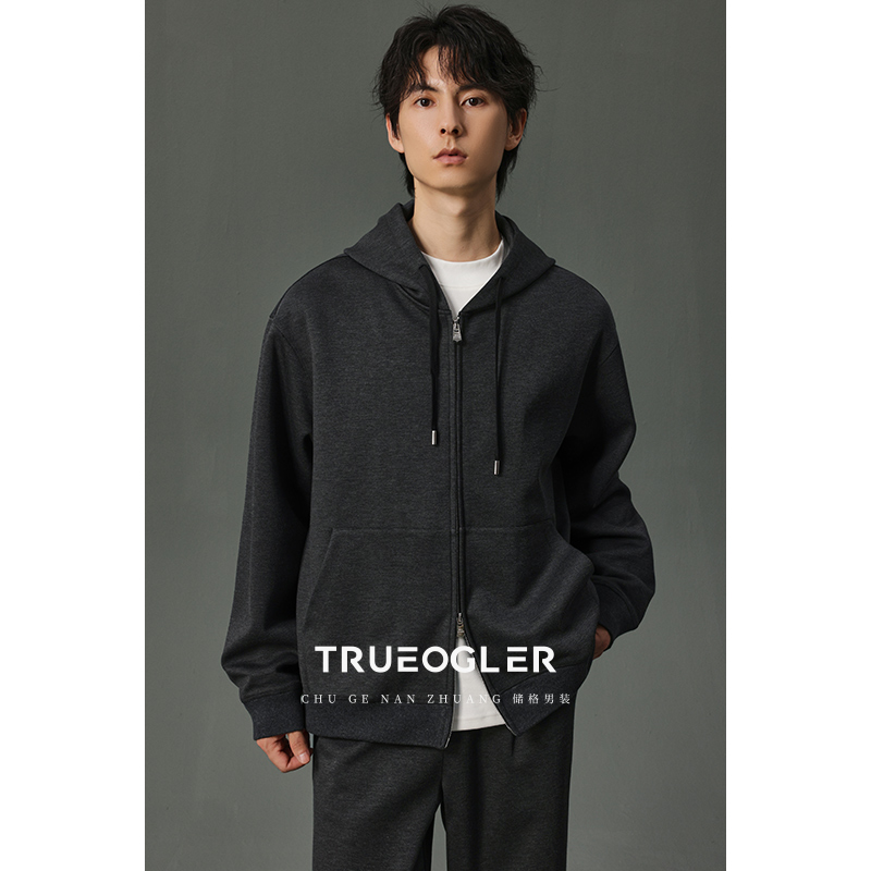 双色针织休闲宽松款连帽卫衣男