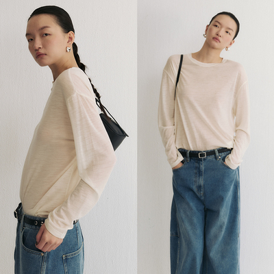 SLO“零重力羊毛T”100纯羊毛针织衫经典圆领长袖t恤女纸片人上衣