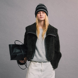 SLO“丹麦温度”皮草外套女2025新款羊皮毛一体灰黑色时尚短上衣